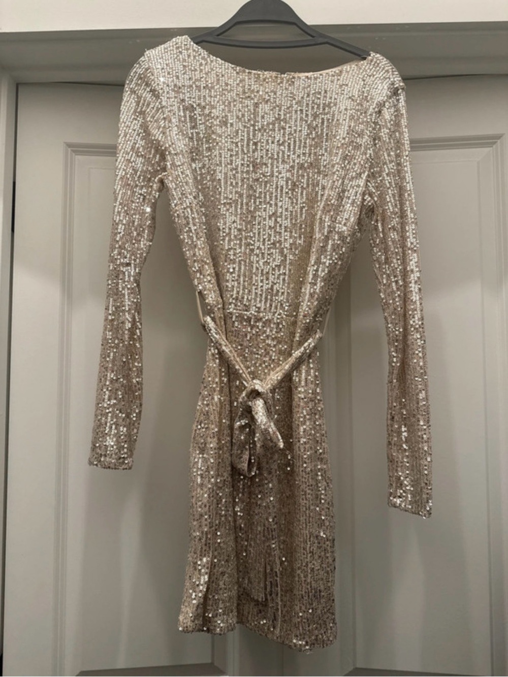Windsor Champagne Sequin Long-Sleeve Tie-Waist Dress